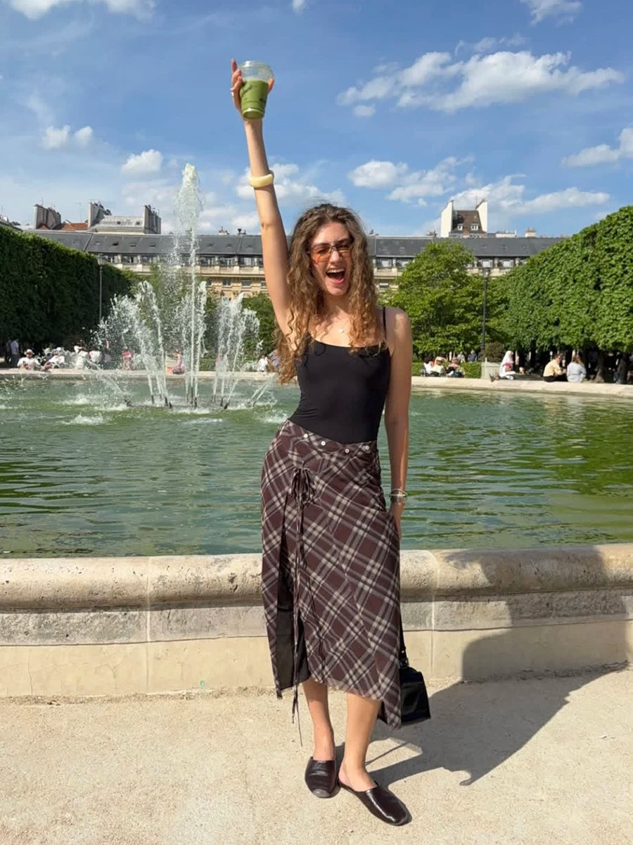 Aiertu  -  Vintage Plaid Lace-up Midi Skirt Women Summer New Buttons High Waist Split A-line Long Skirts Streetwear Fashion Casual Jupe Aiertu