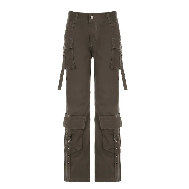 Aiertu  -   Grunge Style Women Y2K Jeans Low Rise Pocket with Buckle Cargo Pants Vintage Stylish Denim Trouser Fashion Streetwear Aiertu