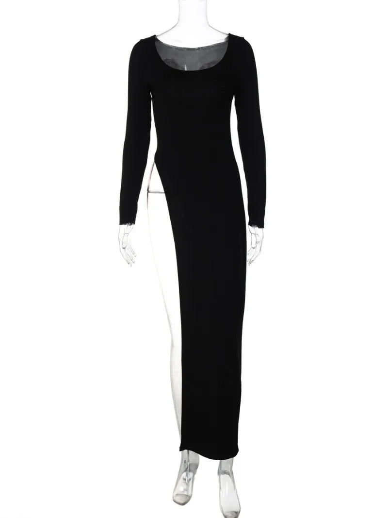Aiertu  -  Woman Clothing Long Sleeve High Slit Black T-shirt Dress Y2K Streetwear 2026 Fall Ladies High Waist Slim Irregular Long Dresses Aiertu