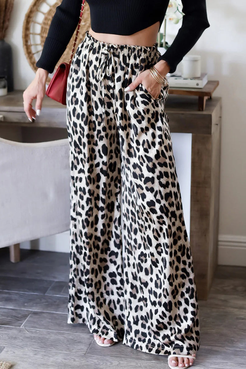 Aiertu  -Casual Leopard Pocket Lace Up Loose High Waist Wide Leg Full Print Bottoms aiertu
