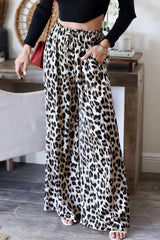 Aiertu  -Casual Leopard Pocket Lace Up Loose High Waist Wide Leg Full Print Bottoms aiertu