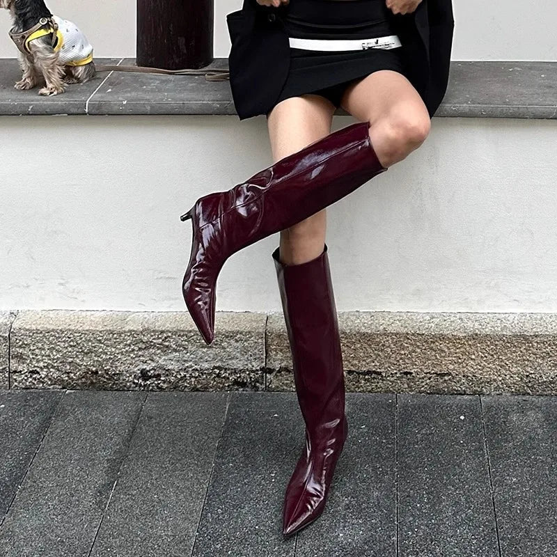 Aiertu    -  Burgundy Patent Leather High-Top Long Boots For Women Wine Red Pointed Toe Slip On Botas Largas De Mujer Kitten Low Heels Mature Aiertu