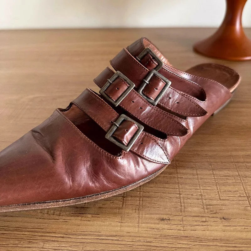 Aiertu    -  Summer New Women's Brown Wrap Toe Pointed Toe Flat Genuine Leather Belt Buckle Vintage Ladies Outdoor Office Daily Slippers Aiertu
