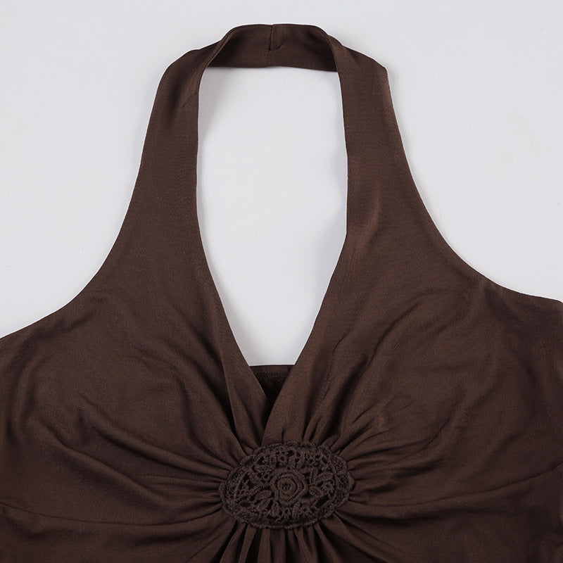 Aiertu  -  Brown Embroidered V Neck Backless Halter Top 2000s Clothes Y2k Vintage Sexy Tank Tops Women Summer 2025 Aiertu