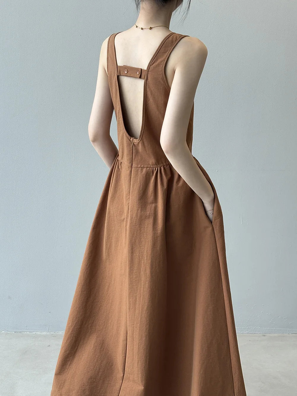 Aiertu  -  Fashion Sleeveless Long Dress Cotton Blend Solid Color Casual Summer New Dress A-line Backless Vacation Beach Dresses For Women Aiertu