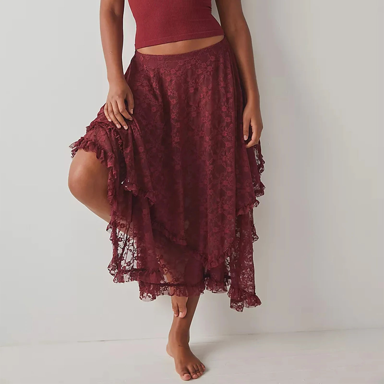Aiertu  -  Floral Lace Long Skirt for Women Y2K Elastic Waist Asymmetrical Layered Maxi Skirt Sexy See Through Flowy Beach Skirt Aiertu