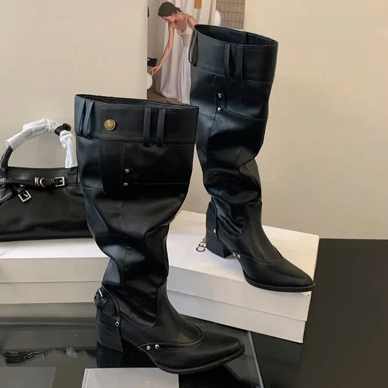 Aiertu    -  Black Boot Knee High Long Shoes Woman Pointed Toe Chunky Heels White Winter Boots Fashion Belt Buckle Rivet Wide-Leg Ladies Shoe Aiertu