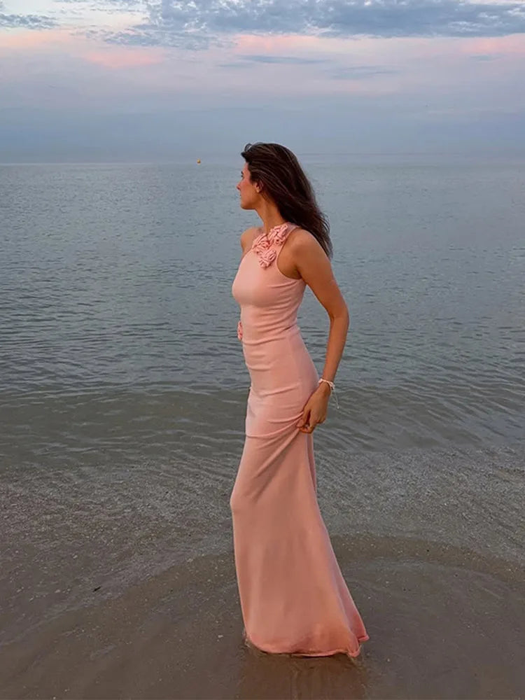 Aiertu  -  Elegant 3D Flower Dress Women Slash Neck Sleeveless Slim Hip Package Floor-length Dresses Female 2025 Spring Summer Lady Gown Aiertu