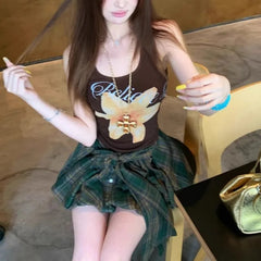 Aiertu  -  Summer New American Lace-up Pleated Plaid Casual Bud Skirt Women + Floral Printed Sexy Slim Camisole Two Pieces Suit Aiertu