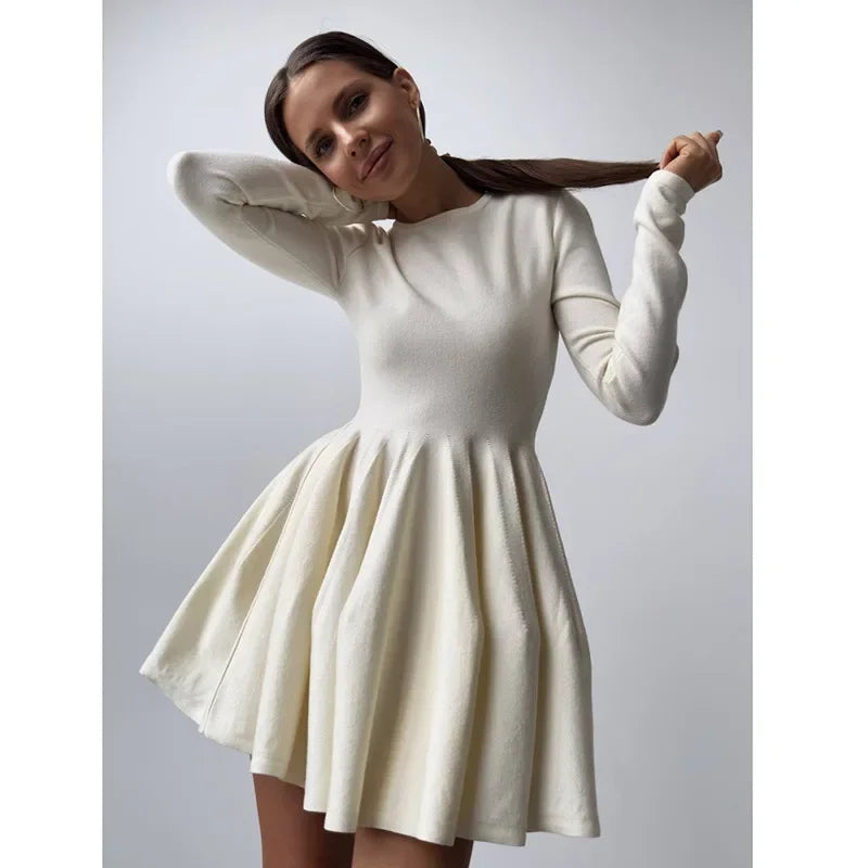 Aiertu  -  Round Neck Waist Cinched Knitted Dress Slim Fit Fashionable Ladies Versatile Ins Style Pleated Women's A-line Dresses Aiertu