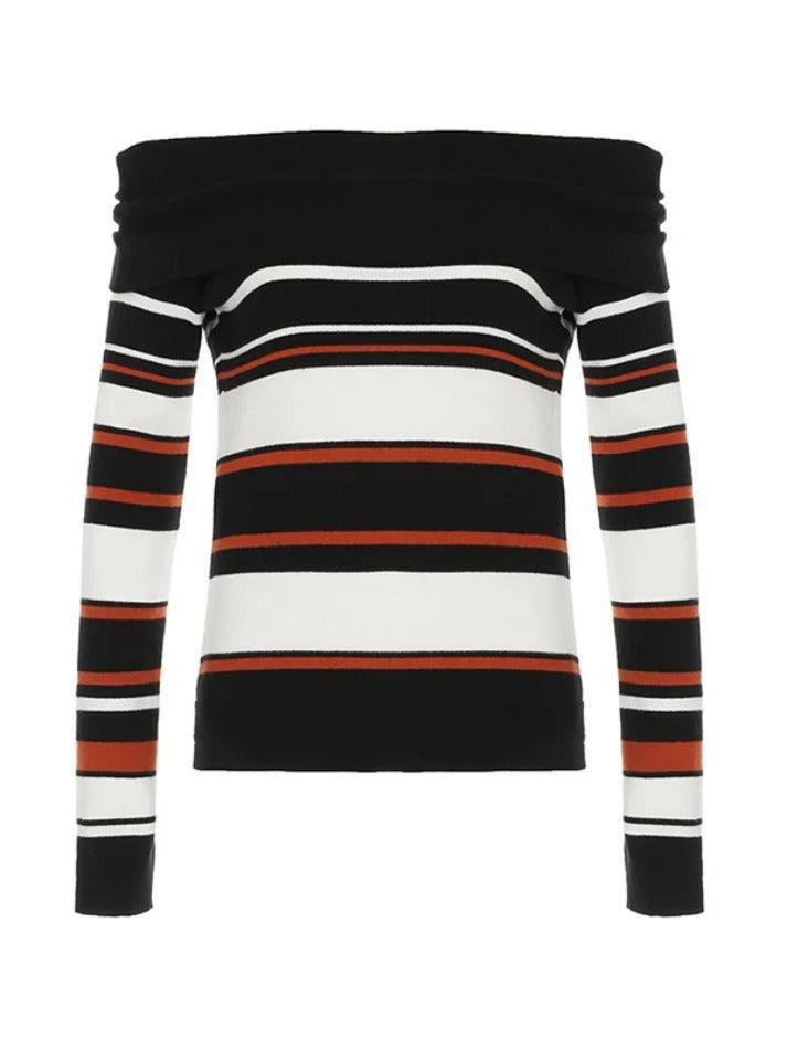 Aiertu  -Off Shoulder Striped Print Sweaters aiertu