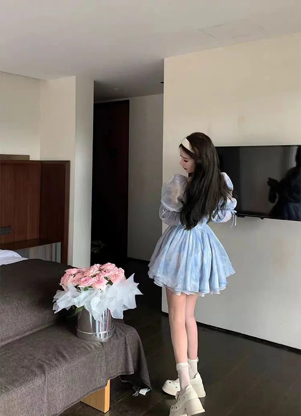 Aiertu DRESS TO IMPRESS Puffy Dress Puff Sleeves Women Elegant Summer Blue Birthday Party Dress Lady High Waist A-Line Gentle Sweet Dress Aiertu