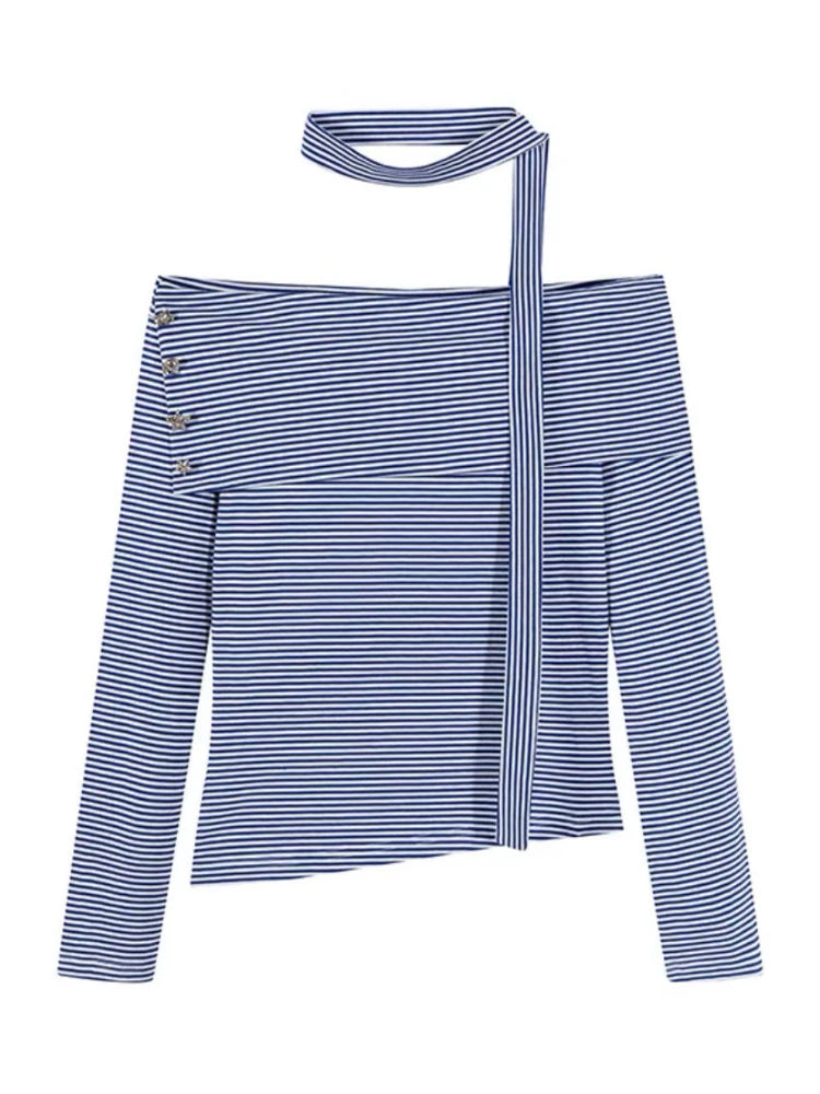 Aiertu  -  Autumn Slash Neck Blue Stripe Y2k Aesthetic Tshirts Streetwear Bandage Women Slim Fit Tee Shirts Vintage Harajuku Basic T-shirt Aiertu