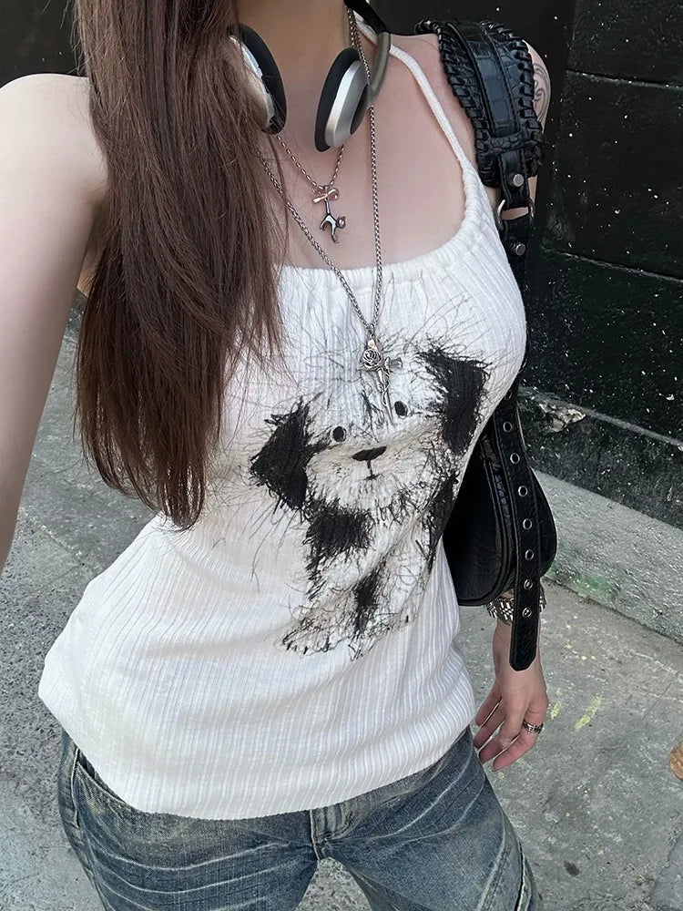 Aiertu  -  Kawaii Cartoon Dog Tank Top Women Streetwear Sleeveless Backless Slim Tops Summer Sexy Halter Lace Up Y2k Tops for Girls Aiertu