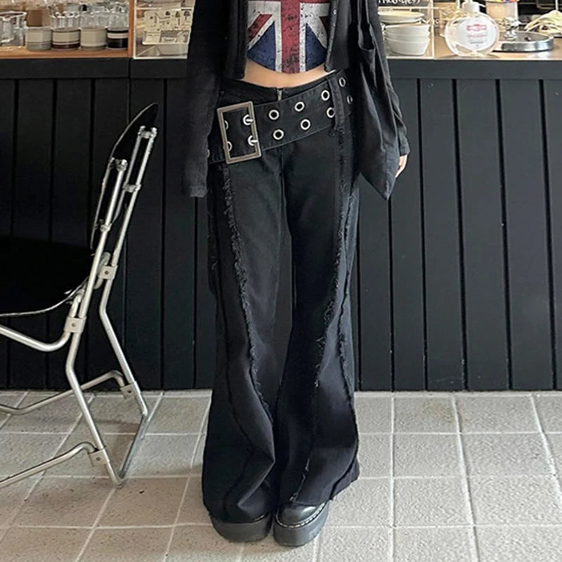 Aiertu  -  Gothic Style Wide Waistband Flare Jeans High Street Y2K Retro Fashion Denim Pants Black Casual Punk Boot Cut Trousers Aiertu