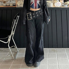 Aiertu  -  Gothic Style Wide Waistband Flare Jeans High Street Y2K Retro Fashion Denim Pants Black Casual Punk Boot Cut Trousers Aiertu