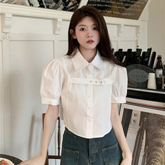 Aiertu Y2K Puff Short Sleeve Blouse Women Asymmetrical Belt Chic Slim Shirts Student Summer Korean Irregular White Crop Tops New Aiertu