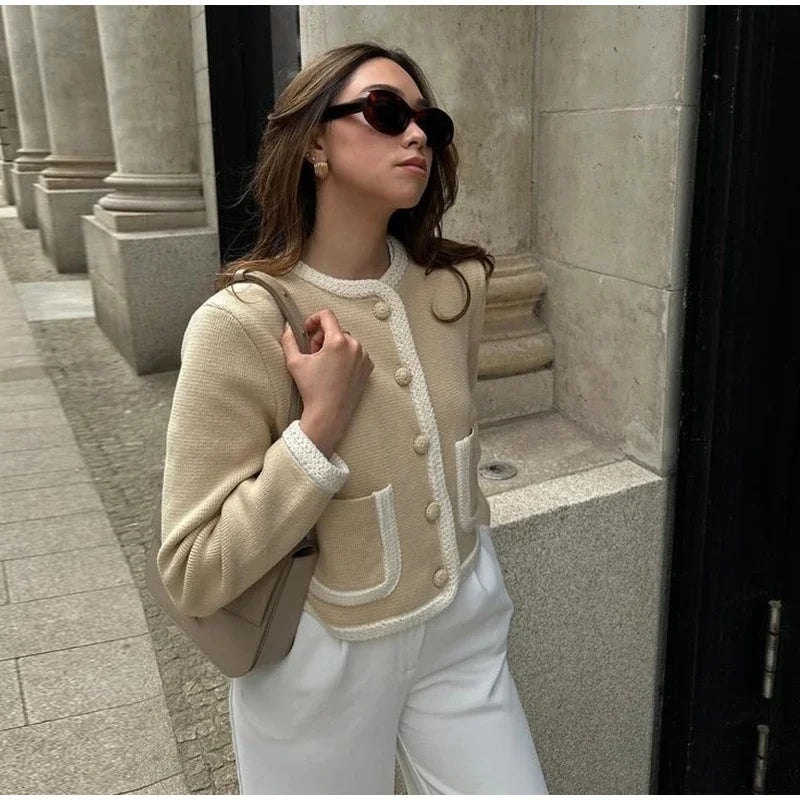 Aiertu  -  Slim Patchwork Short Coats Women Contrast O-neck Long Sleeve Single Breasted Pockets Jacket 2026 Autumn Lady Elegant Top Outwear Aiertu