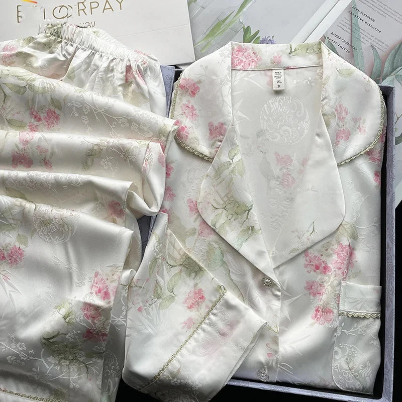 Aiertu  -  Satin Pajamas for Women Set Silk Pyjamas Loose Casual Sleepwear Long Sleeve Button Trousers 2 Piece Set Printing Homewear Outfit Aiertu