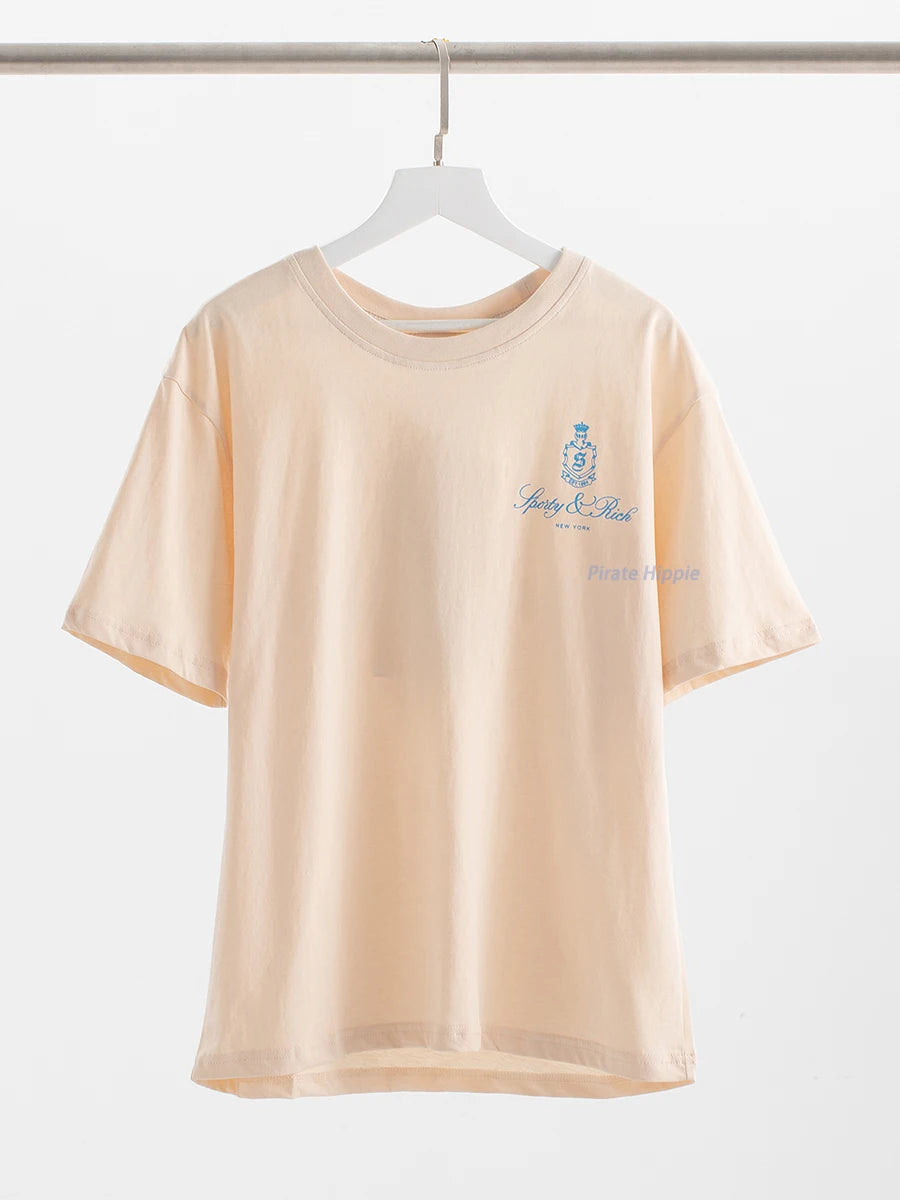 Aiertu  -   Sporty Letter Print T-shirt Women Round Neck Cotton Cozy Casual Short Sleeve Tees 2026 Summer New Classic Fashion T-shirts Aiertu