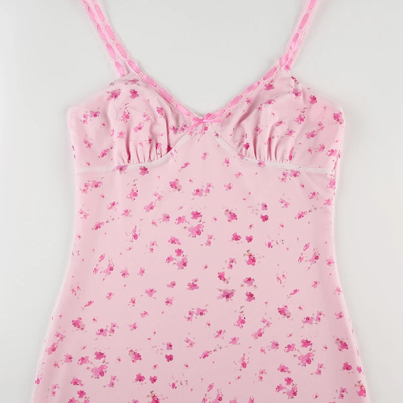 Aiertu  Spaghetti Strap Flowers Printed Summer Mesh Dress Frill Bow Sweet Holidays Sundress Coquette Clothes Double Layer New Aiertu