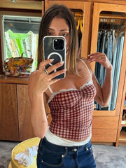Aiertu  -  Casual Sexy Plaid Camisoles Y2K Girls Spaghetti Strap Crop Tops Streetwear Women's Sleeveless Backless Plaid Corset Top Wine Red Aiertu