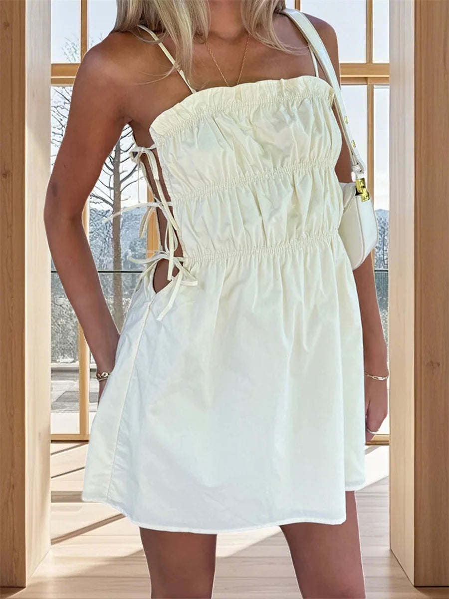 Aiertu  -  Elegant Sleeveless V-Neck Dress with Ruffle Trim and Lace-Up Back Detail for Women s Summer Party Outfit Aiertu