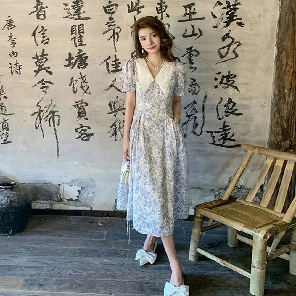 Aiertu  -  Casual Holiday Long Dresses 2024 Women Chic Floral Summer Elegant Prom Evening Bubble Sleeve Maxi Dress For Chiffon Korean Lady Aiertu