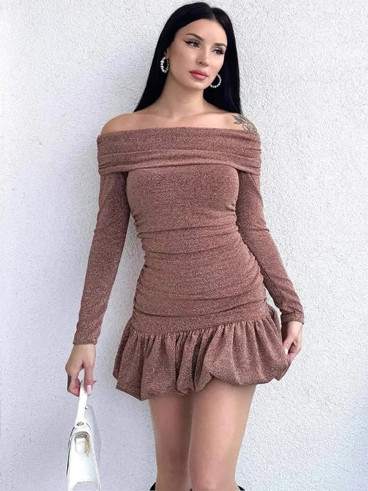 Aiertu  -  Off Shoulder Slim Ruffle Dress Female Bodycon Long Sleeve High Waist Pleated Mini Dresses Elegant Evening Sheath Dress Aiertu