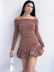 Aiertu  -  Off Shoulder Slim Ruffle Dress Female Bodycon Long Sleeve High Waist Pleated Mini Dresses Elegant Evening Sheath Dress Aiertu
