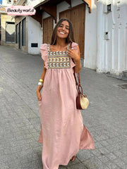 Aiertu  -  Vintage Print Flying Sleeve Dress For Women Square Neck High Waist Split A-line Dresses 2026 Summer New Female Vacation Vestidos Aiertu