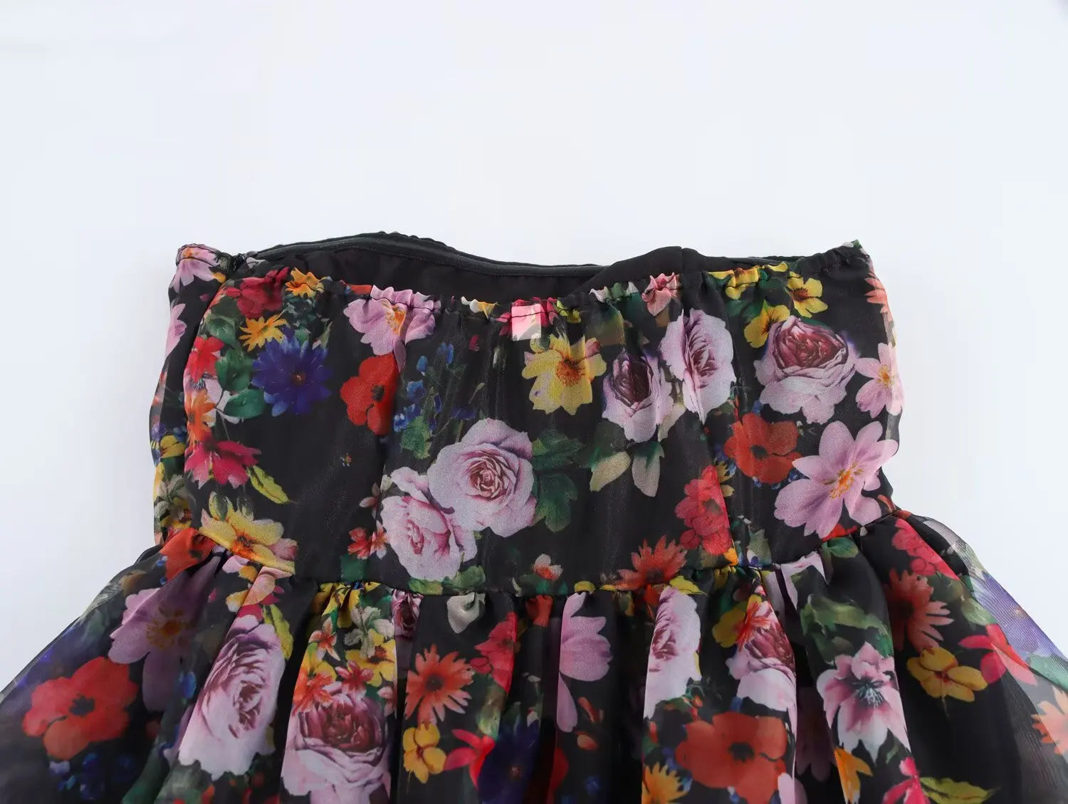 Aiertu  -  Sexy Women Black Flower Print Organza Strapless Dress Hem Ruched Swing BUD Party Skater Mini Short Robe Aiertu