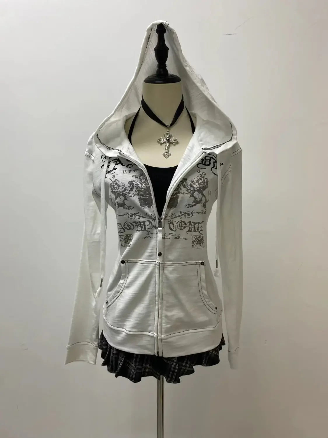 Aiertu  -  Y2K Zipper Gothic Letter Printed Fur Collar Hoodie Slim Fit Comfortable Casual Grey Sportswear Warm Top Women Cardigan Aiertu