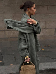 Aiertu  -  Elegant Burgundy Long Sleeve Sweater Pants Set Fashion Knitted Scarf Pullover Trousers Suits Autumn Winter Lady Warm Streetwear Aiertu