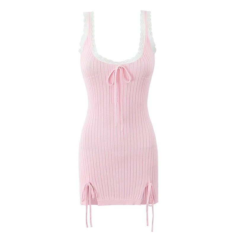 Aiertu  -  High Street Women Lace Trim  Knit Sling Sexy Dress O Neck Sleeveless Hem Slit Bodycon Mini Dresses Holiday Summer Robe Pink Aiertu