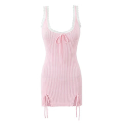 Aiertu  -  High Street Women Lace Trim  Knit Sling Sexy Dress O Neck Sleeveless Hem Slit Bodycon Mini Dresses Holiday Summer Robe Pink Aiertu