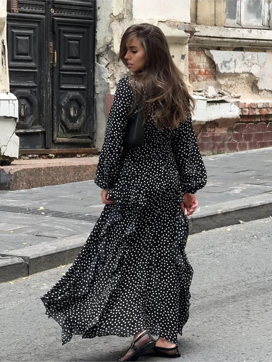 Aiertu  -  Dots Print Long Dresses Women Sexy V Neck Puff Sleeve Ruffle Maxi Dress Summer Elegant Casual Fashion A-line Vestidos New Aiertu