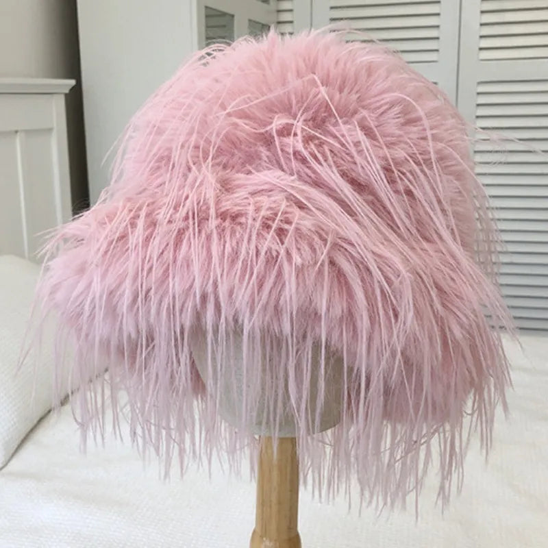 Aiertu  -  Luxury Plush Faux Fur Bucket Hats For Women Fashion Winter Ostrich Feather Female Thicken Warm Fisherman Caps Party Panama Bob Aiertu