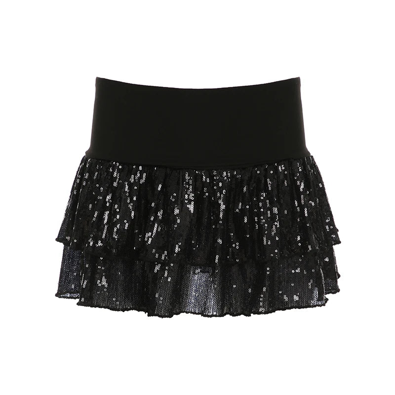 Aiertu  -  party look snspos Contrast Sequin Black Short Skirt Party Outfits Women Fashion A-line Layered Skirt Aesthetic Y2K Clubwear Vintage Aiertu