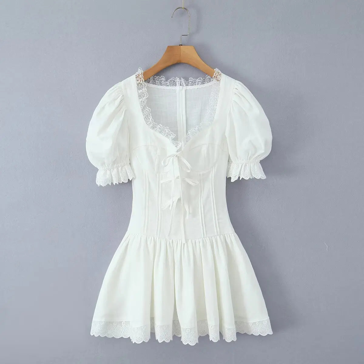 Aiertu  -  Sweet Beige Splice Lace Square Collar Bow Front Short Puff Sleeve Dress Women Lace Hem Low Waist Dresses Mini Cake Robe Aiertu