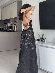 Aiertu  -  Elegant See Through Dress Women Backless Sleeveless Cross Lace-Up Spaghetti Strap Sexy Flower Motif Midnight Vestidos Aiertu