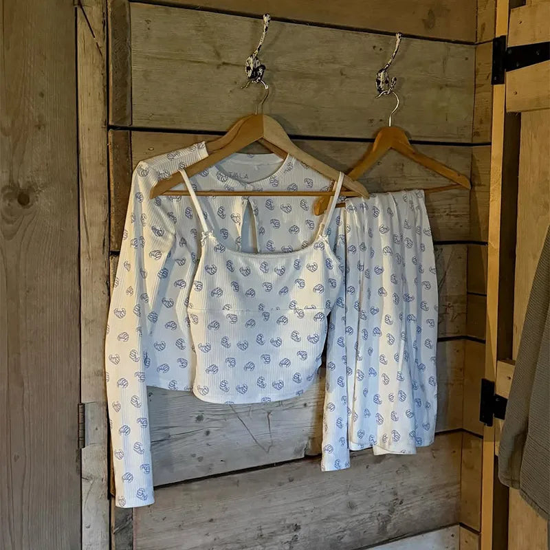 Aiertu  -  Printed Halter Coat Pants Three Piece Set Slim Fit Casual Floral Women Short Cardigan Jacket Top Camisole High Waisted Trousers Aiertu