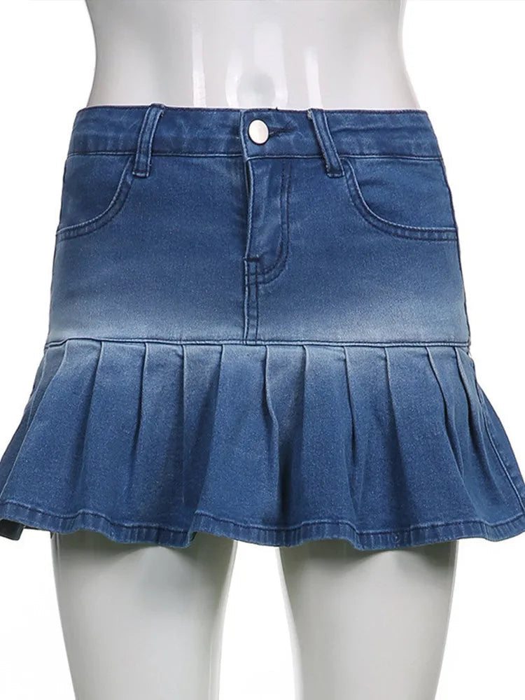 Aiertu  -  Fashion Denim Pleated Skirt Women High Waist Button Zipper Pocket Ruffle A-line Mini Skirts Female 2025 Spring Summer Lady Skirt Aiertu