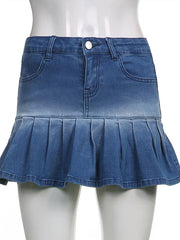Aiertu  -  Fashion Denim Pleated Skirt Women High Waist Button Zipper Pocket Ruffle A-line Mini Skirts Female 2025 Spring Summer Lady Skirt Aiertu
