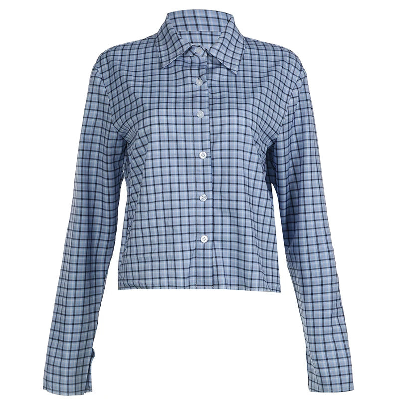 Aiertu  -  Casual Plaid Blouses Polo Neck Full Sleeve Women Shirts Urban Elegant Blouses Single Breasted Crop Top Autumn Bottoming Aiertu
