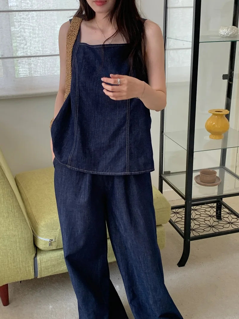 Aiertu  -  Sweet Hot Girl Denim Suit Women's Summer Bow Back Sleeveless Shirt Elastic Waist Wide Leg Pants Two-piece Set Female Clothes Aiertu