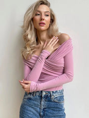 Aiertu  -  2026 Sexy V-neck Long Sleeve Bodysuits Fashion Autumn Off Shoulder One Piece T-shirts Streetwear Female Folds Pink Tops Jumpsuit Aiertu