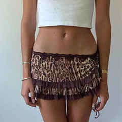 Aiertu  -  Vintage 90s Aesthetic Mini Skirt Coquette Women Fairy Lace Trim Low Rise Short Skirt Y2k Leopard Print Tiered Miro Pencil Skirt Aiertu