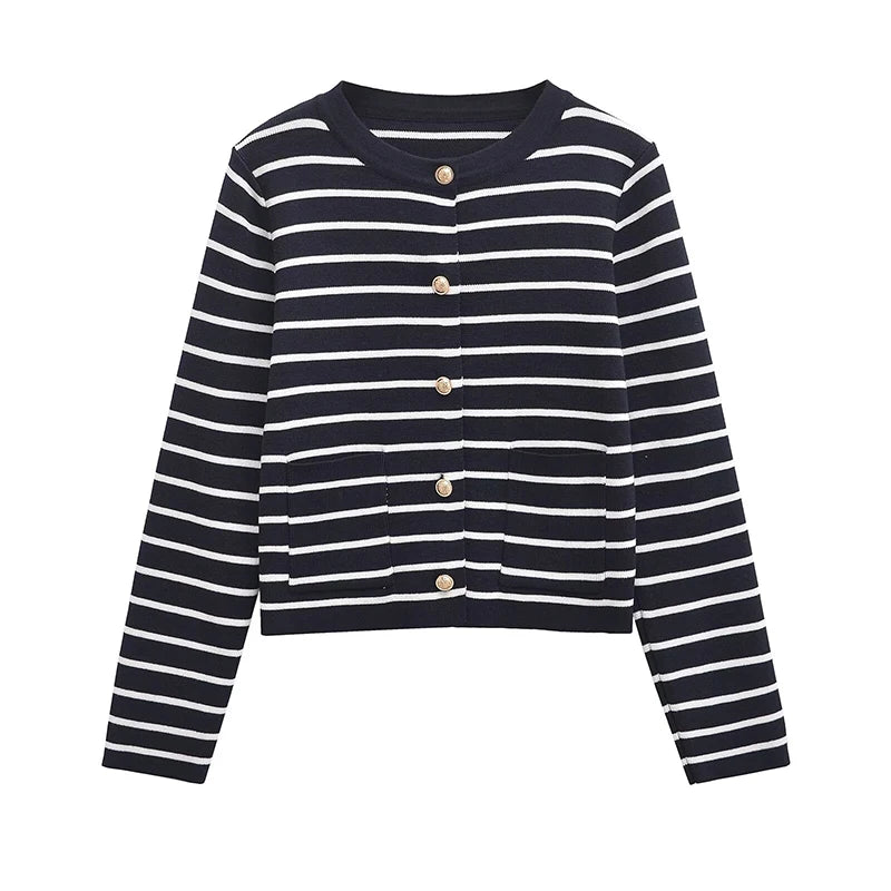 Aiertu  -  Autumn Winter Women Striped Knit Cardigan Long Sleeve O Neck Casual Outerwear Short Coat Aiertu