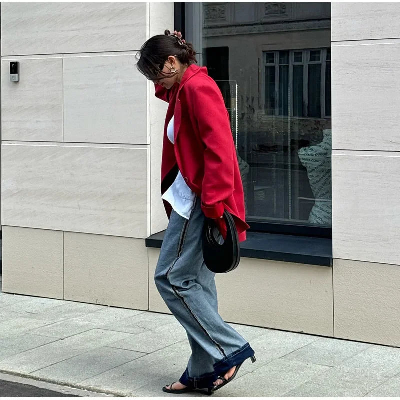 Aiertu  -  Elegant Red Lapel Blazer Coats Women Loose One Button Long Sleeve Solid Jackets 2026 Autumn New Female Urban Tops Streetwear Aiertu